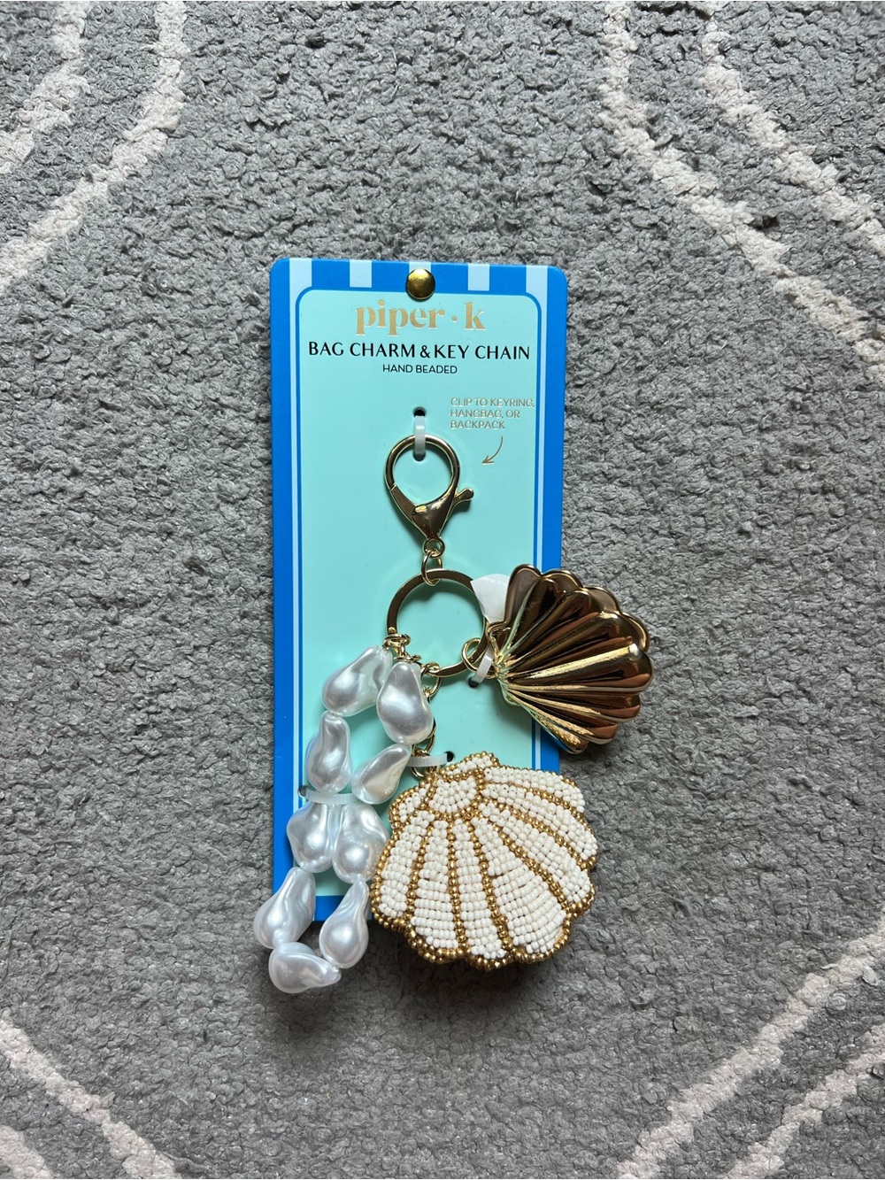 BRAND NEW Piper K Bag Charm and Key Chain, Gold & Pearl Shell Bag